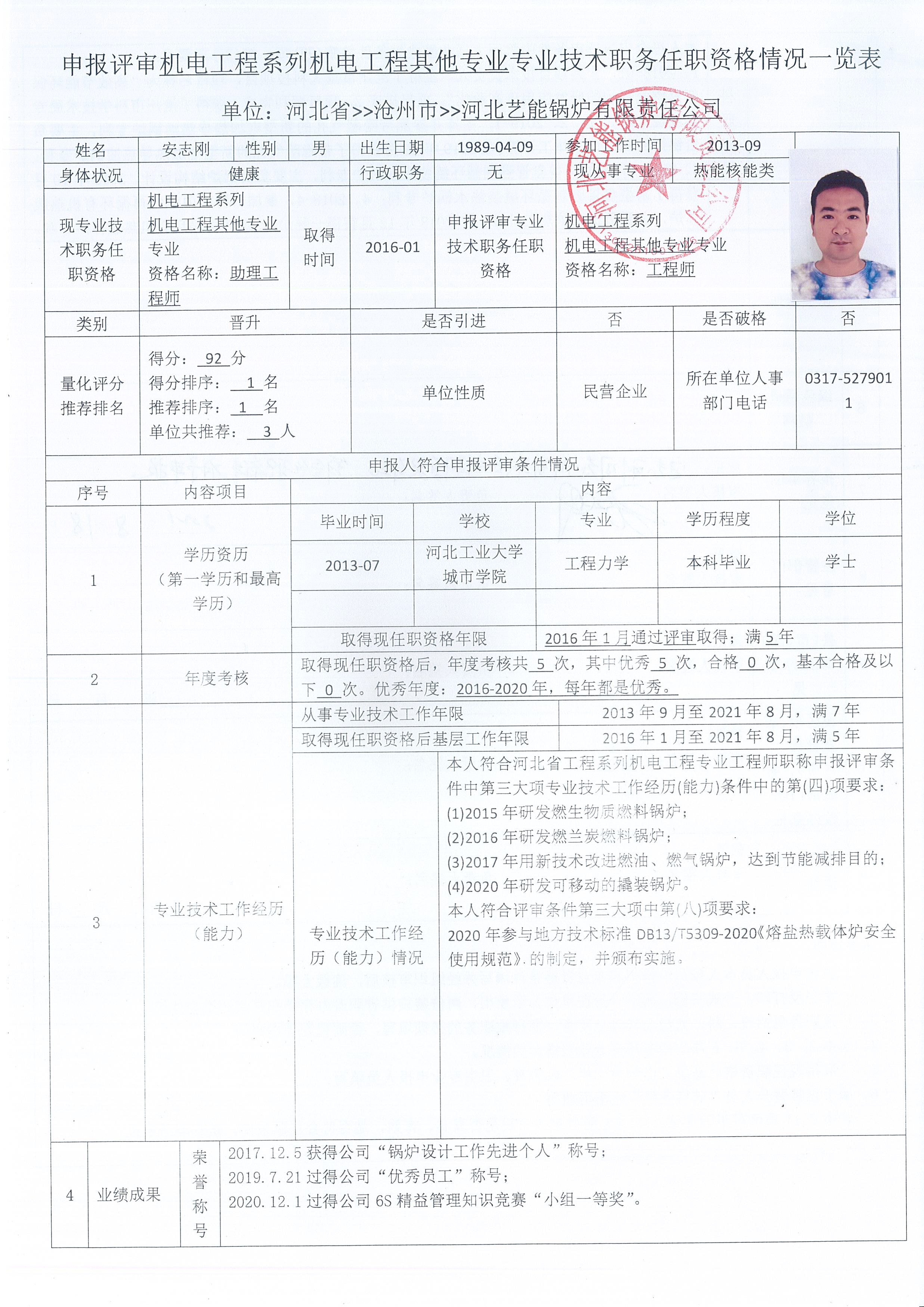 2021年度河北艺能锅炉有限责任公司中级职称申报公示二